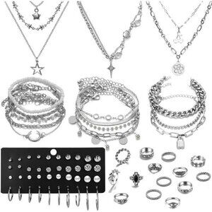 37pcs Silver Jewelry Set With 3 PCS Necklace, 14 PCS Bracelet, 7 PCS Ear Cuffs